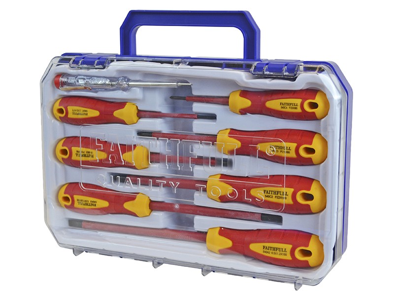 A set of 8 Faithfull screwdrivers with colour-coded handles covering a range of flathead and Phillips sizes.,