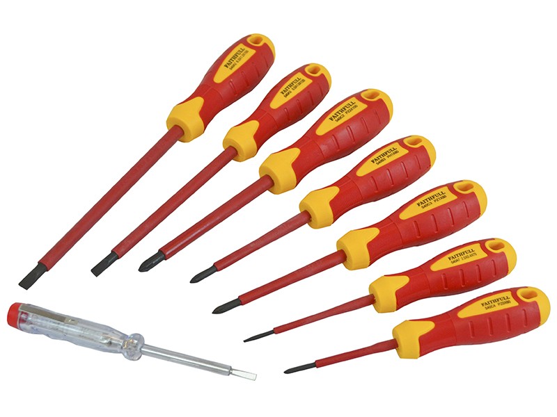 A set of seven red and yellow insulated screwdrivers with various tip types and sizes, alongside a single transparent tester screwdriver with a red cap, arranged on a white background.