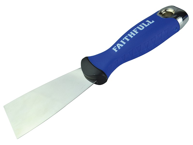 A 50mm flexible filling knife with a thin steel blade and a painted wooden or plastic handle, for applying and smoothing filler and caulk.
