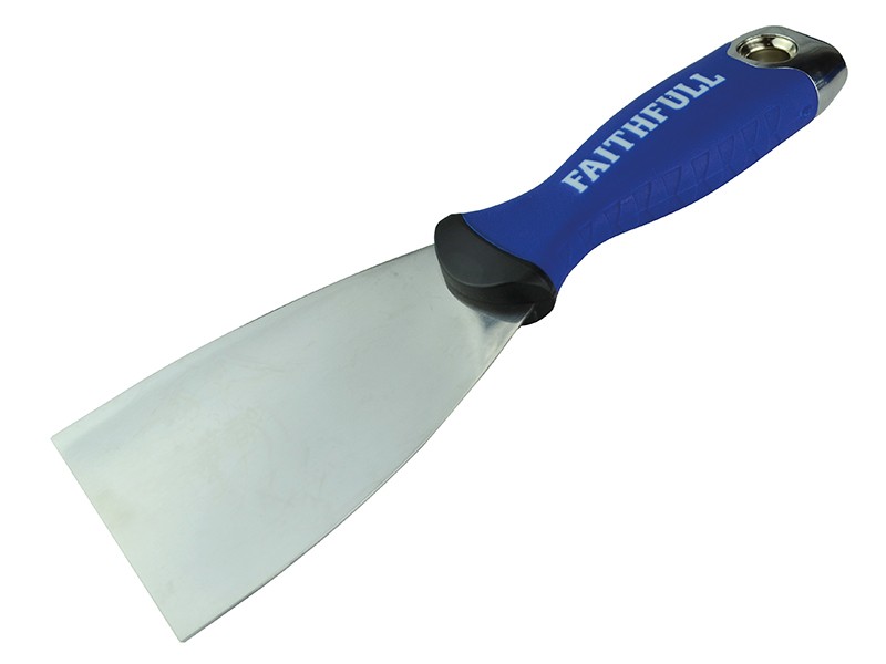 A 75mm flexible filling knife with a thin steel blade and a painted wooden or plastic handle, for applying and smoothing filler and caulk.