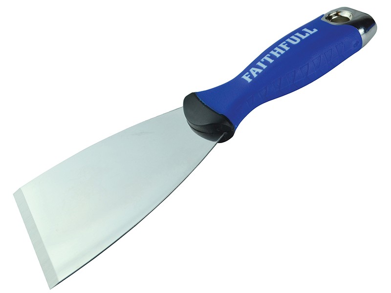 A 75mm flexible filling knife with a thin steel blade and a painted wooden or plastic handle, for applying and smoothing filler and caulk.