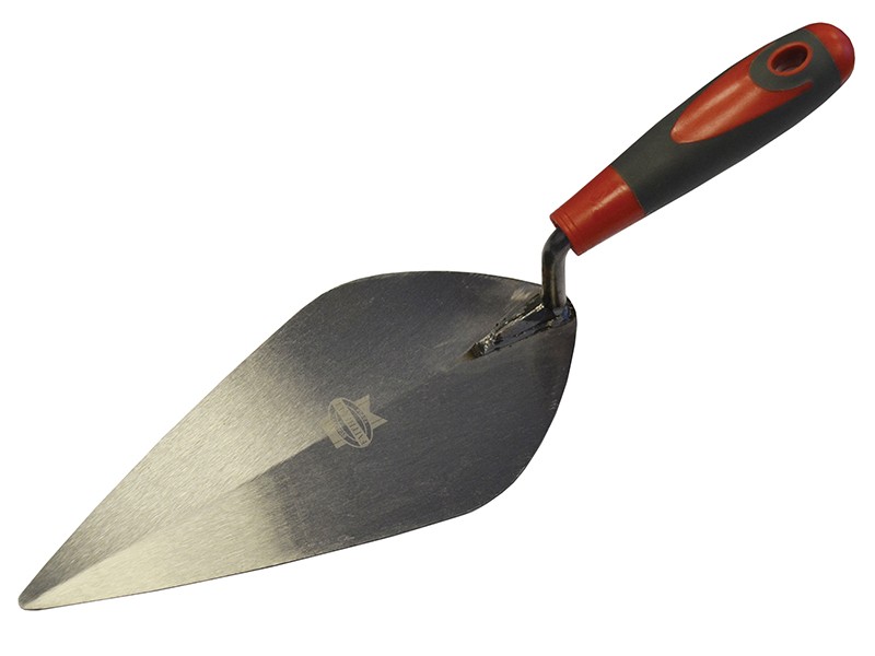 A Faithfull trowel with a polished steel blade and an ergonomic handle, for applying and finishing mortar, plaster, and adhesive.