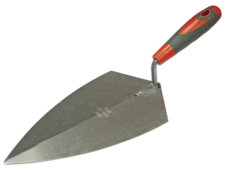 A Faithfull trowel with a polished steel blade and an ergonomic handle, for applying and finishing mortar, plaster, and adhesive.