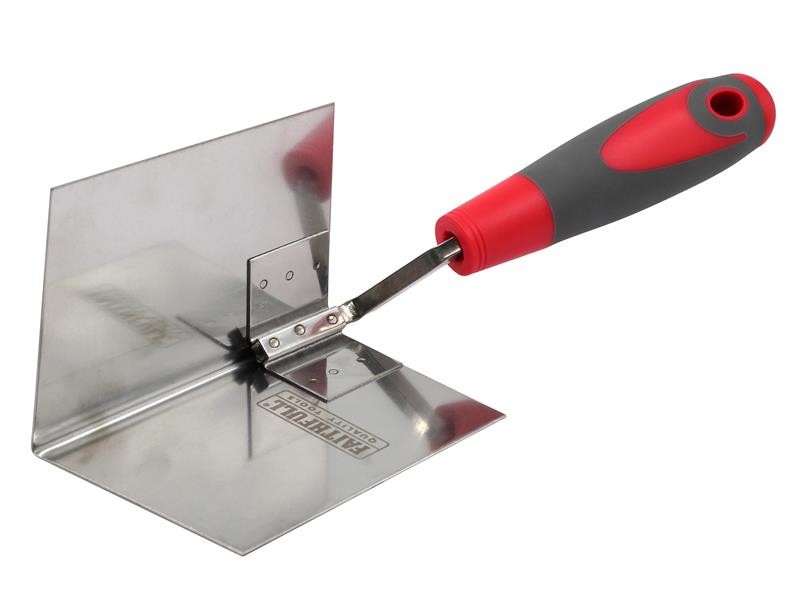 A Faithfull trowel with a polished steel blade and an ergonomic handle, for applying and finishing mortar, plaster, and adhesive.
