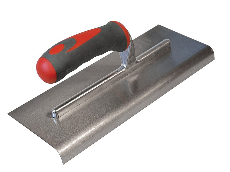 A metal trowel with a rectangular flat blade and a black and red ergonomic handle, commonly used for smoothing or applying cement, plaster, or mortar.