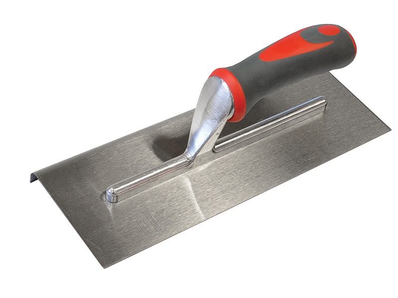 A metal plastering trowel with a rectangular flat blade and a black-and-red ergonomic handle, used for smoothing or spreading plaster and other construction materials.