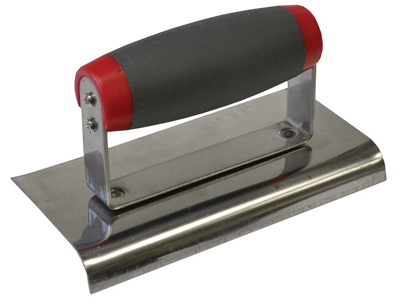 A Faithfull trowel with a polished steel blade and an ergonomic handle, for applying and finishing mortar, plaster, and adhesive.