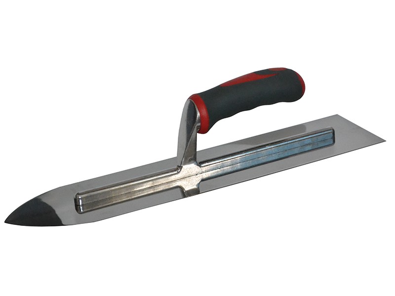 A Faithfull trowel with a polished steel blade and an ergonomic handle, for applying and finishing mortar, plaster, and adhesive.