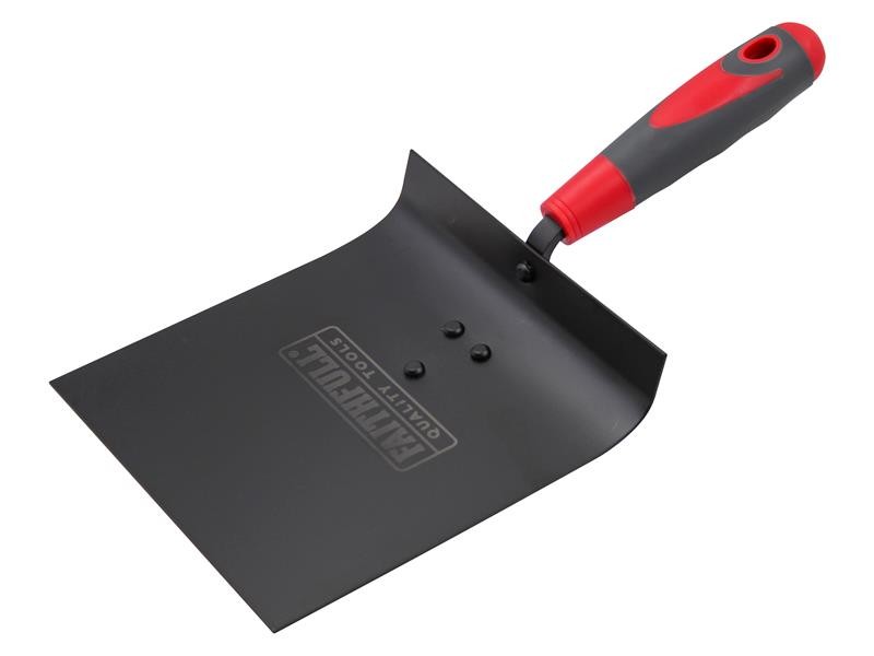A Faithfull trowel with a polished steel blade and an ergonomic handle, for applying and finishing mortar, plaster, and adhesive.
