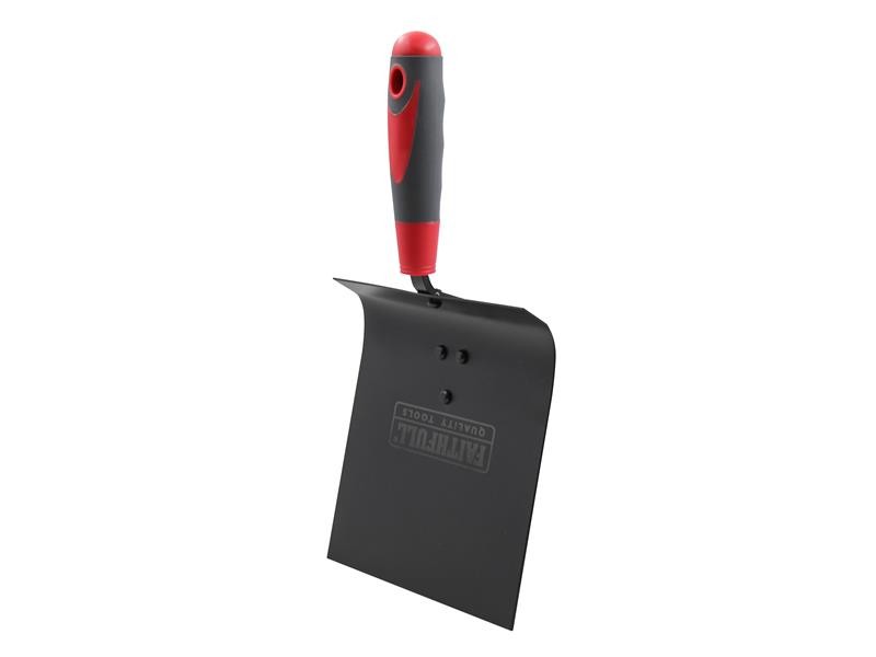 A Faithfull trowel with a polished steel blade and an ergonomic handle, for applying and finishing mortar, plaster, and adhesive.