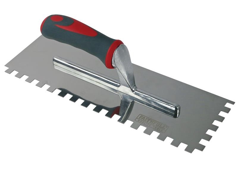 A Faithfull notched tile trowel with 10mm notches for combing adhesive on floors and walls, ensuring even coverage beneath tiles.