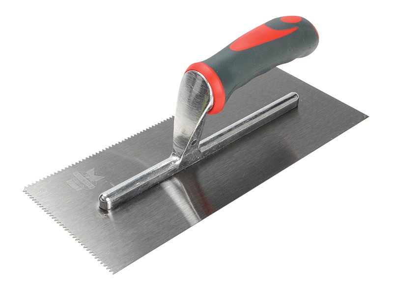 A Faithfull notched tile trowel with 3mm notches for combing adhesive on floors and walls, ensuring even coverage beneath tiles.