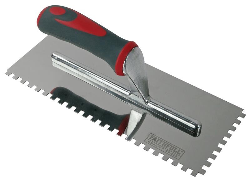 A Faithfull notched tile trowel with 6mm notches for combing adhesive on floors and walls, ensuring even coverage beneath tiles.