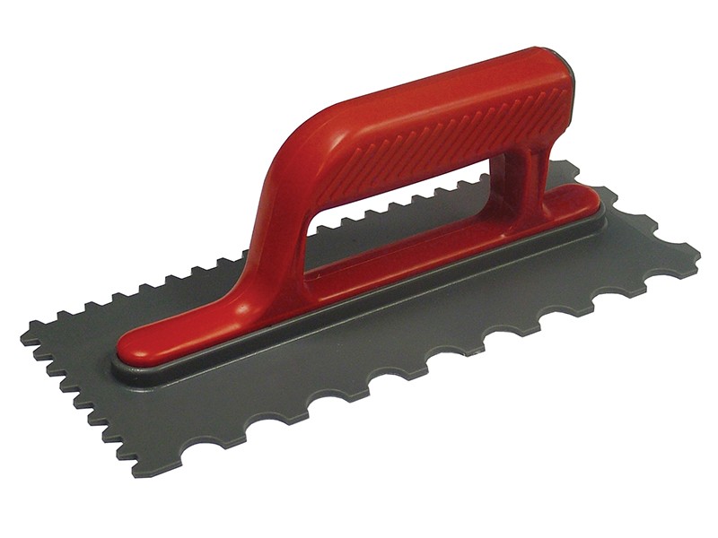A Faithfull notched tile trowel with 4mm notches for combing adhesive on floors and walls, ensuring even coverage beneath tiles.