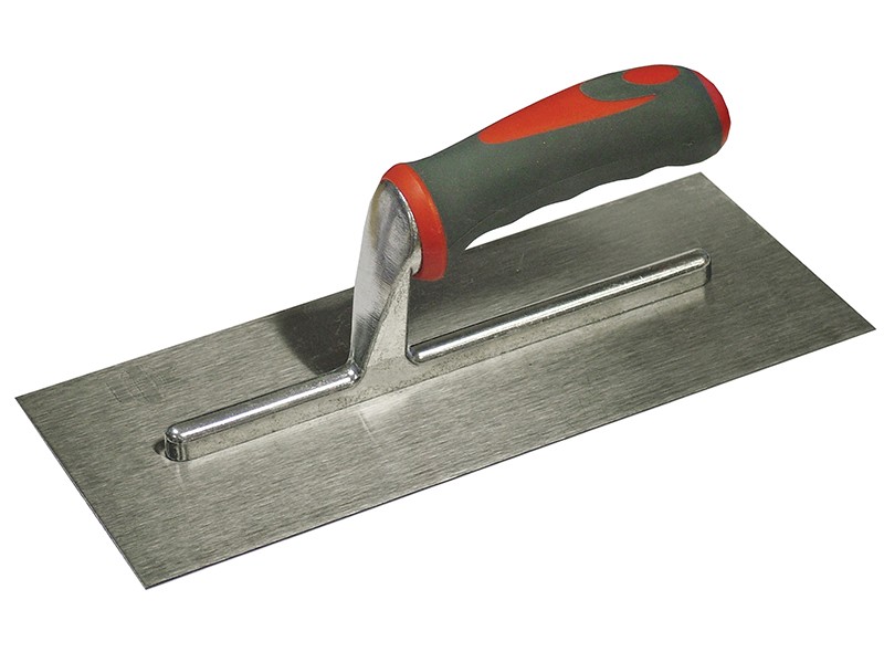 A Faithfull plasterer's finishing trowel with a thin, flexible steel blade and a turned wooden handle, for achieving smooth plaster surfaces.