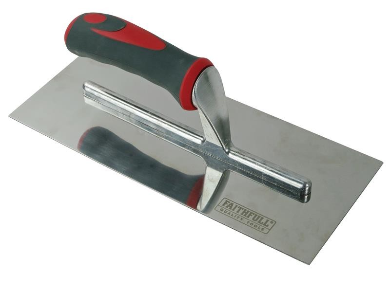 A Faithfull plasterer's finishing trowel with a thin, flexible steel blade and a turned wooden handle, for achieving smooth plaster surfaces.