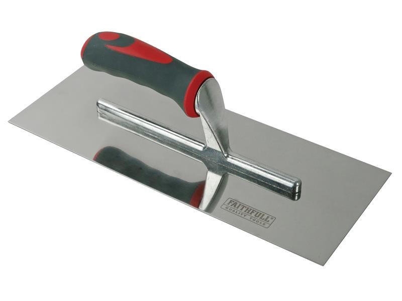 A Faithfull plasterer's finishing trowel with a thin, flexible steel blade and a turned wooden handle, for achieving smooth plaster surfaces.