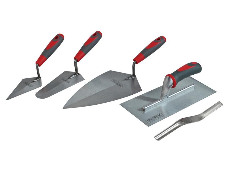 A Faithfull trowel with a polished steel blade and an ergonomic handle, for applying and finishing mortar, plaster, and adhesive.