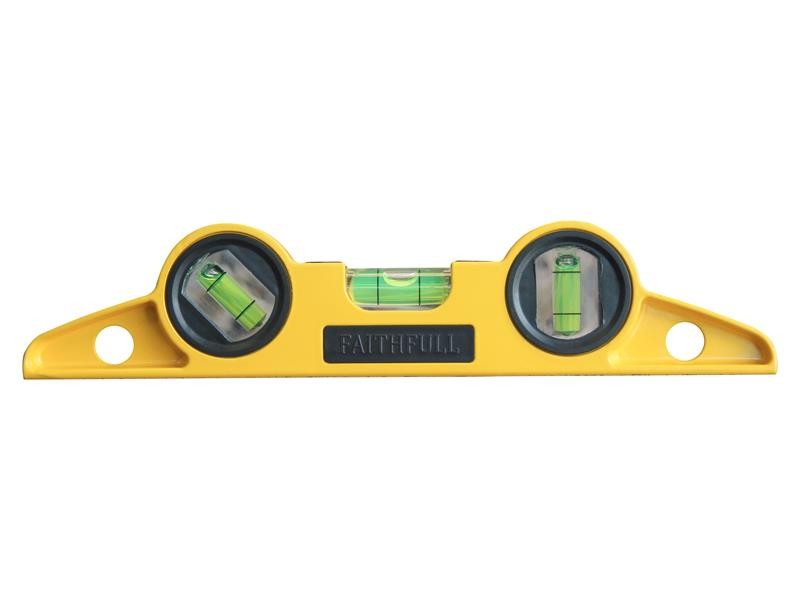A Faithfull 24cm spirit level with an extruded aluminium body and accurate vials, for checking horizontal and vertical alignment.