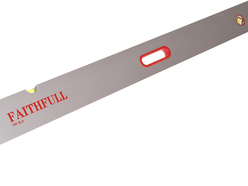 A Faithfull 4m spirit level with an extruded aluminium body and accurate vials, for checking horizontal and vertical alignment.