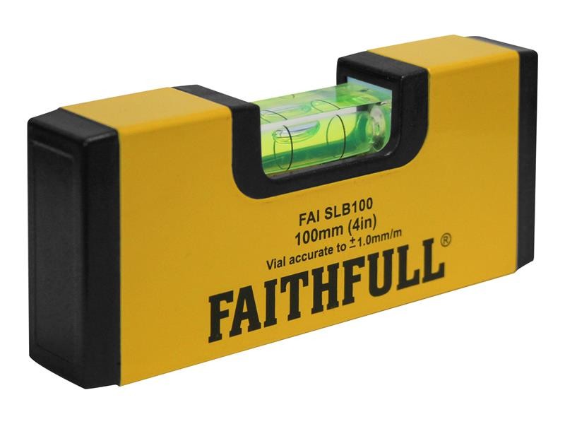 A Faithfull compact torpedo spirit level with three vials for checking horizontal, vertical, and 45-degree angles.