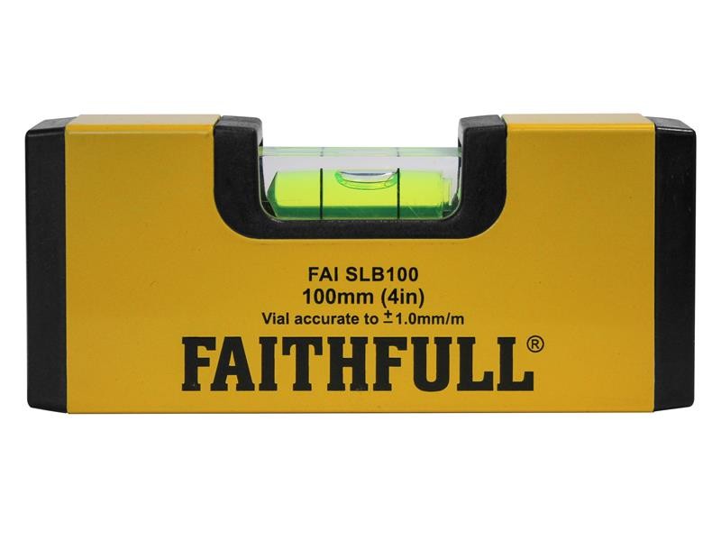 A Faithfull compact torpedo spirit level with three vials for checking horizontal, vertical, and 45-degree angles.
