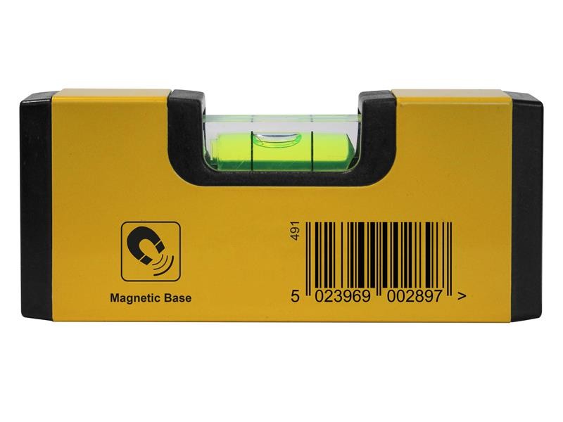 A Faithfull compact torpedo spirit level with three vials for checking horizontal, vertical, and 45-degree angles.