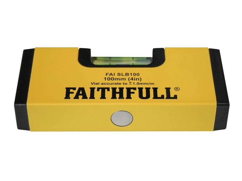 A Faithfull compact torpedo spirit level with three vials for checking horizontal, vertical, and 45-degree angles.