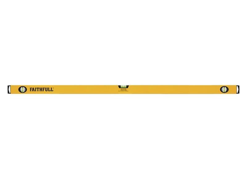 A Faithfull 120cm box-section spirit level with 3 vials, with a milled-edge aluminium body and shock-resistant end caps, for checking accurate levels on site.