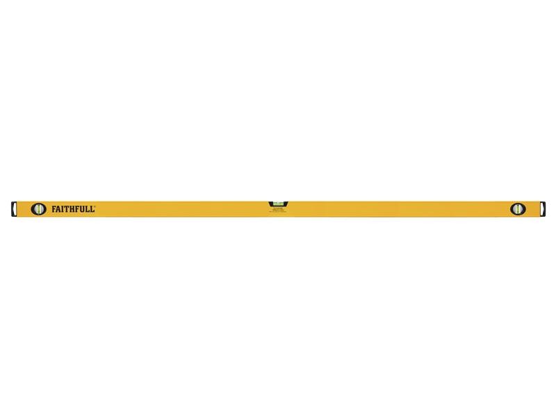 A long, yellow spirit level with black and white end caps, a central bubble vial, and the brand name Faithfull printed on the left.