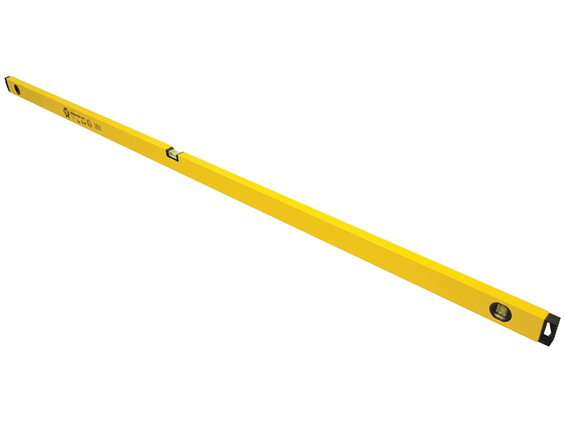 A yellow spirit level with black end caps is shown at an angle. It has bubble vials for measuring horizontal and vertical alignment.,