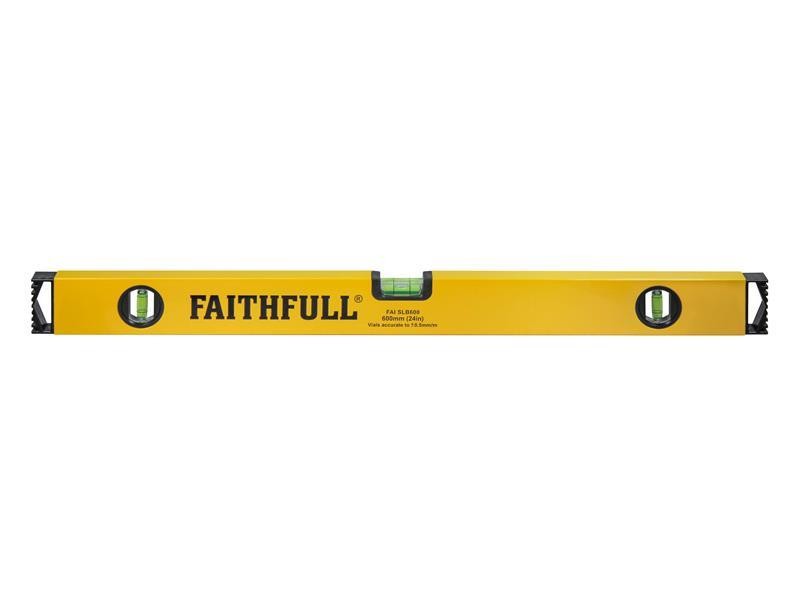 A Faithfull 60cm box-section spirit level with 3 vials, with a milled-edge aluminium body and shock-resistant end caps, for checking accurate levels on site.