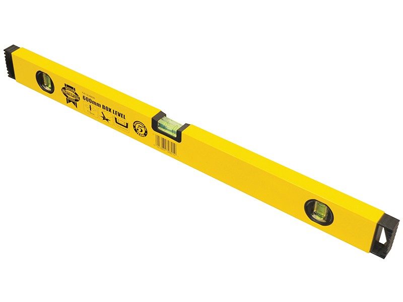 A Faithfull 60cm box-section spirit level with 3 vials, with a milled-edge aluminium body and shock-resistant end caps, for checking accurate levels on site.