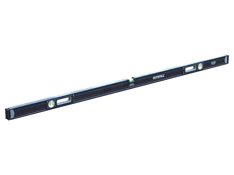 A Faithfull 180cm spirit level with an extruded aluminium body and accurate vials, for checking horizontal and vertical alignment.