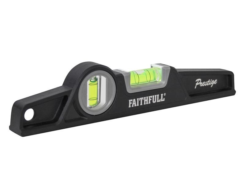 A Faithfull 25cm spirit level with an extruded aluminium body and accurate vials, for checking horizontal and vertical alignment.