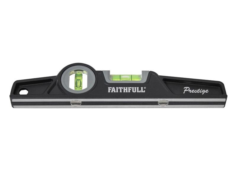 A Faithfull 25cm spirit level with an extruded aluminium body and accurate vials, for checking horizontal and vertical alignment.