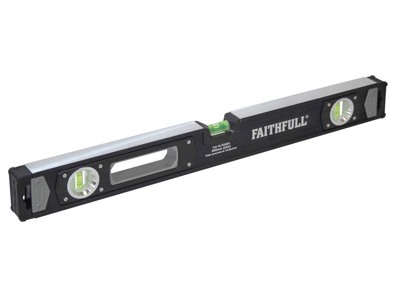 A Faithfull 60cm spirit level with an extruded aluminium body and accurate vials, for checking horizontal and vertical alignment.