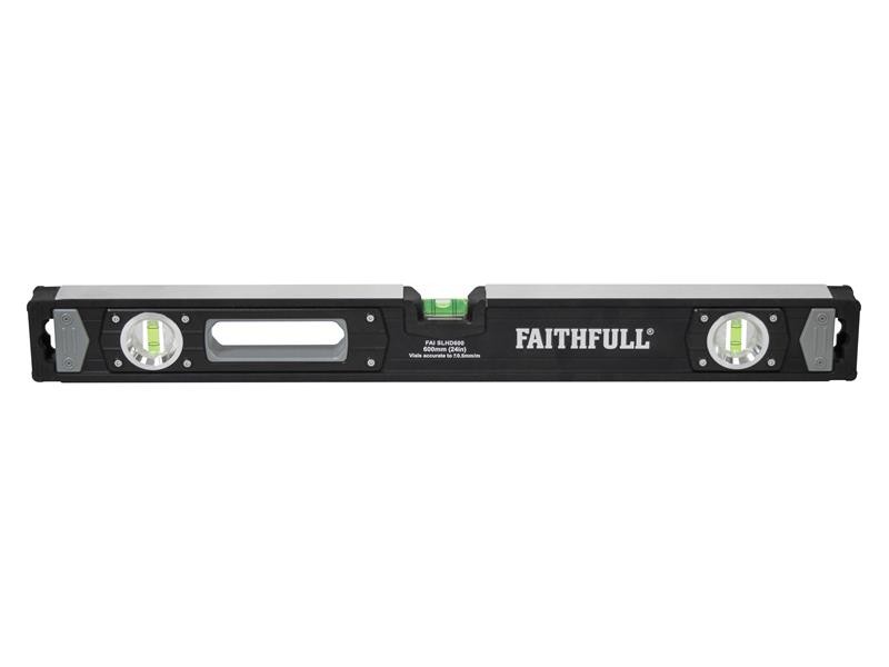 A Faithfull 60cm spirit level with an extruded aluminium body and accurate vials, for checking horizontal and vertical alignment.