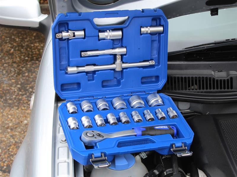 A Faithfull socket wrench set with a ratchet handle and multiple socket sizes, for tightening and loosening nuts and bolts.