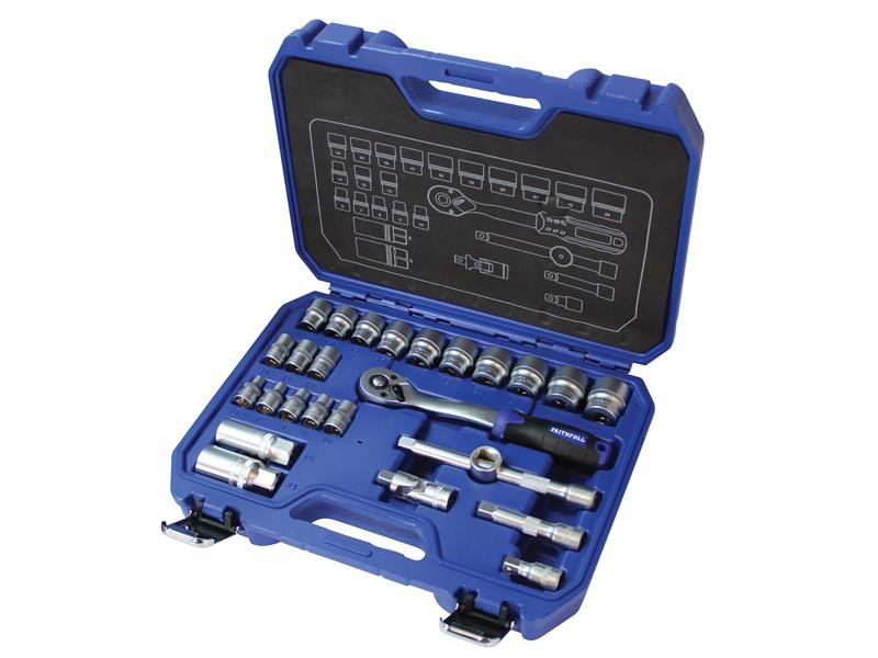 A Faithfull socket wrench set with a ratchet handle and multiple socket sizes, for tightening and loosening nuts and bolts.