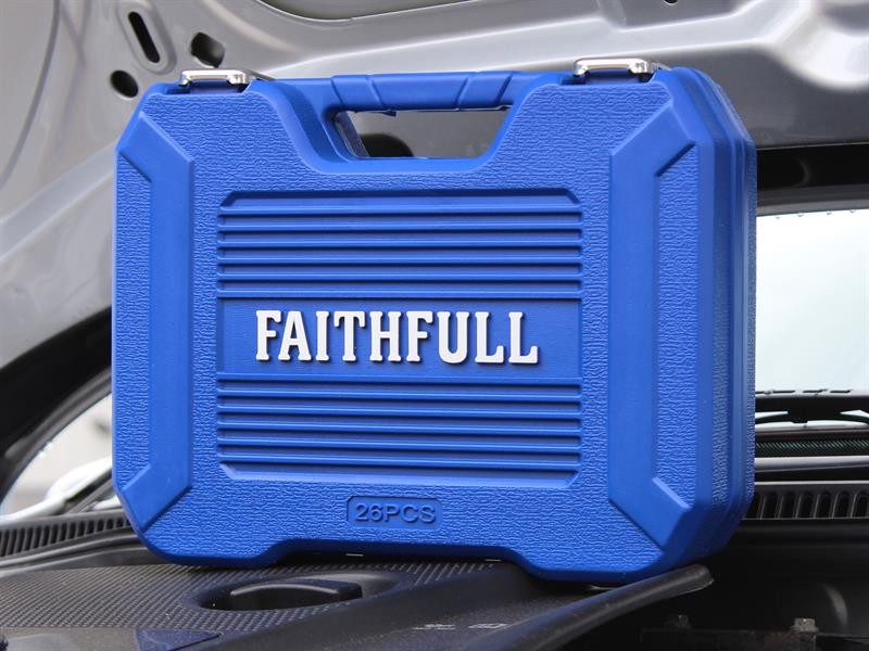 A Faithfull socket wrench set with a ratchet handle and multiple socket sizes, for tightening and loosening nuts and bolts.