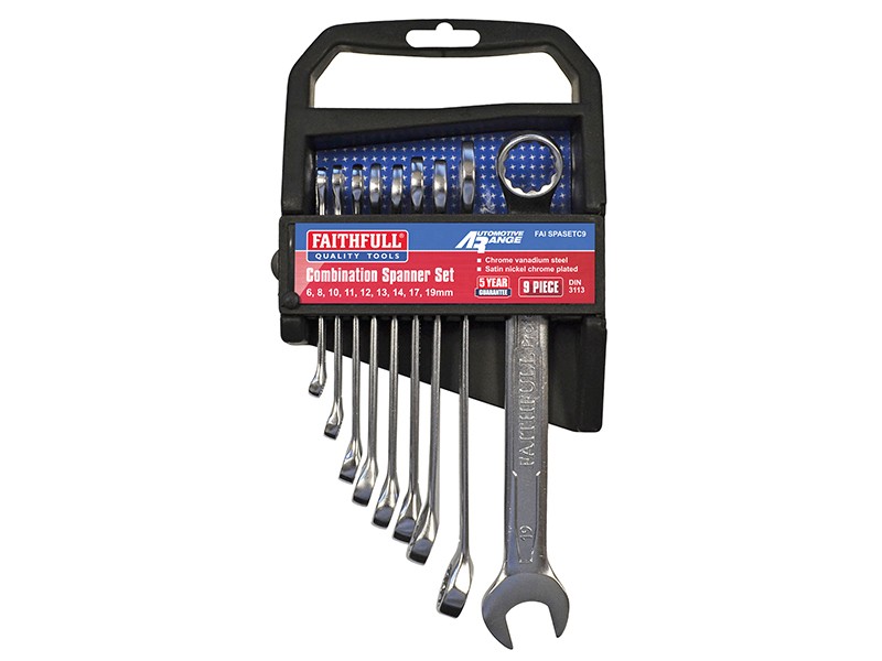 Faithfull FAISPASETC9 Chrome Vanadium Combination Spanner Set, 9 Piece