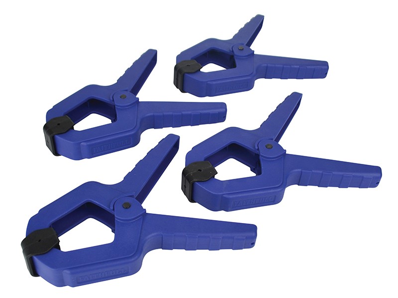 A spring clamp with a plastic or steel body and non-slip pads, for quickly holding lightweight assemblies and sheets.