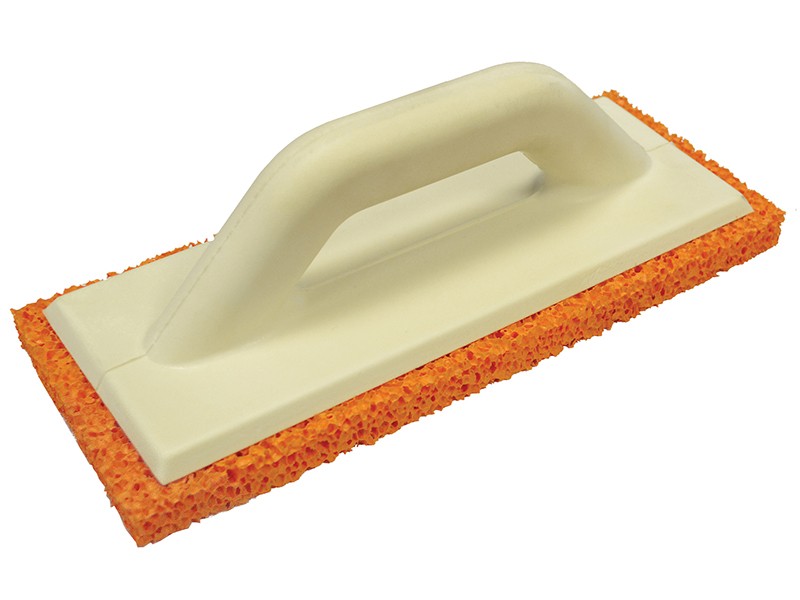 A Faithfull sponge float with a flat face and a wooden or plastic handle, used for spreading and texturing render and plaster.