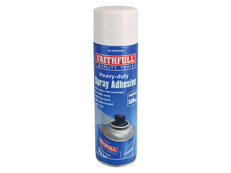A 500ml spray can of Faithfull adhesive or sealant, for bonding insulation, fabrics, and lightweight materials.