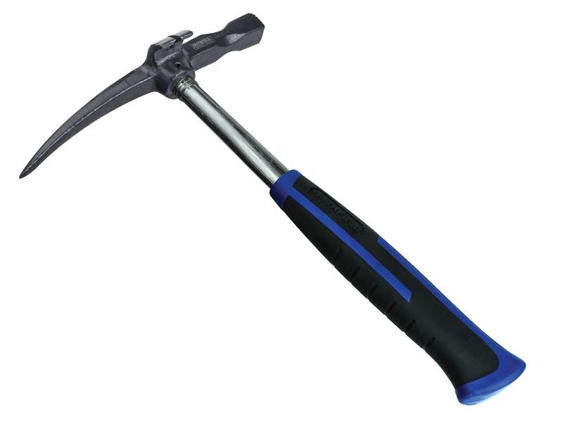 A hammer with a steel head and a steel-handled handle, for general fastening and construction use.