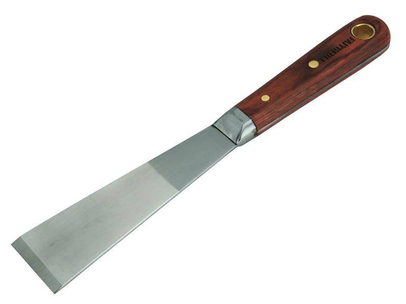 A hardened steel chisel with a bevelled cutting edge and a square-section body, for cutting stone, brick, or timber.
