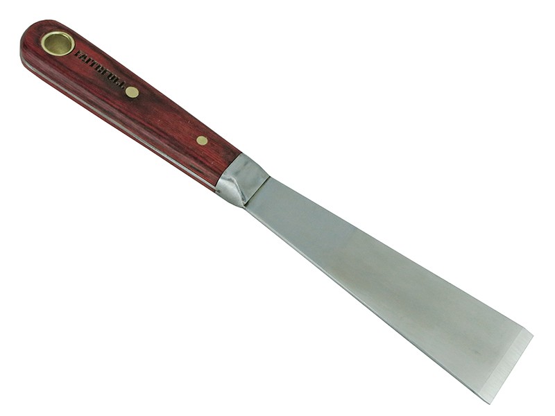 A hardened steel chisel with a bevelled cutting edge and a square-section body, for cutting stone, brick, or timber.