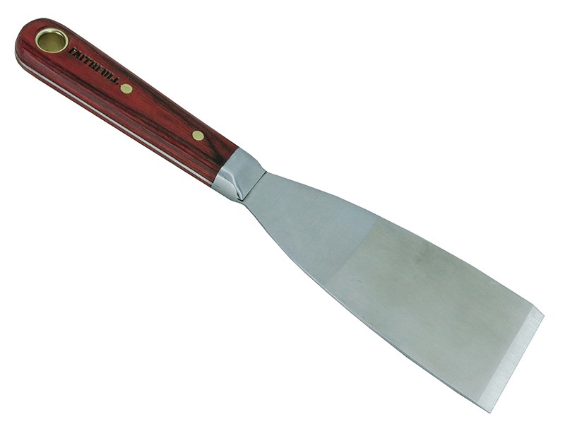 A 50mm flexible filling knife with a thin steel blade and a painted wooden or plastic handle, for applying and smoothing filler and caulk.