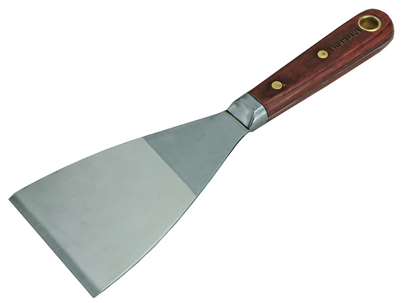 A 75mm flexible filling knife with a thin steel blade and a painted wooden or plastic handle, for applying and smoothing filler and caulk.